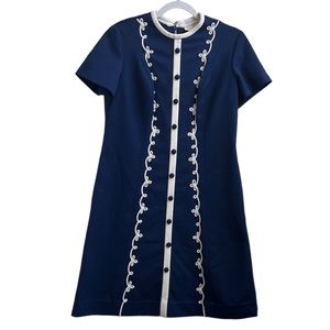 Vintage Navy Blue Short Sleeve Dress with White Applique